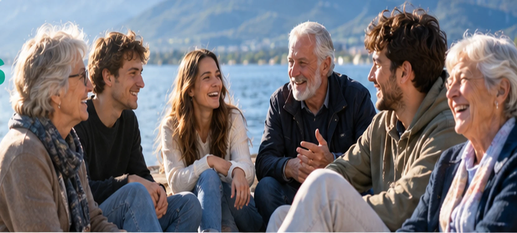 Trois jeunes adultes et trois seniors échangent et rient ensemble au bord d’un lac, sur fond de montagnes