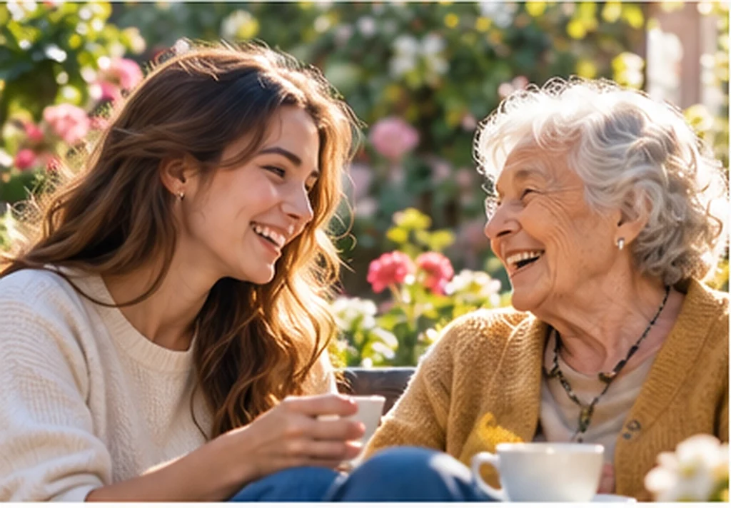 Une jeune femme et sa grand-mère discutent et rient ensemble dans un jardin fleuri